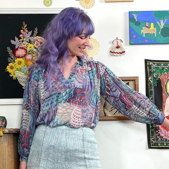 Vintage Bohemian Chiffon Blouse, 1970s Helene Sidel Feather Print Balloon Sleeve - Picture 10 of 10